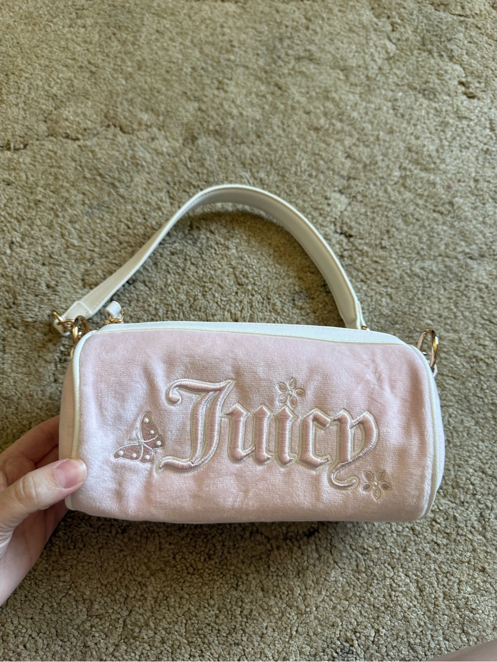 Juicy Couture Light Pink Velvet Mini Shoulder Bag with White Strap